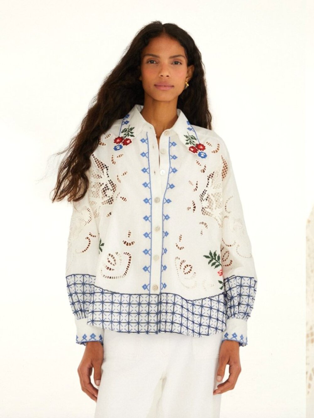 FARM Rio Off White Flowers Embroidery Richelieu Shirt - Picture 1 of 16
